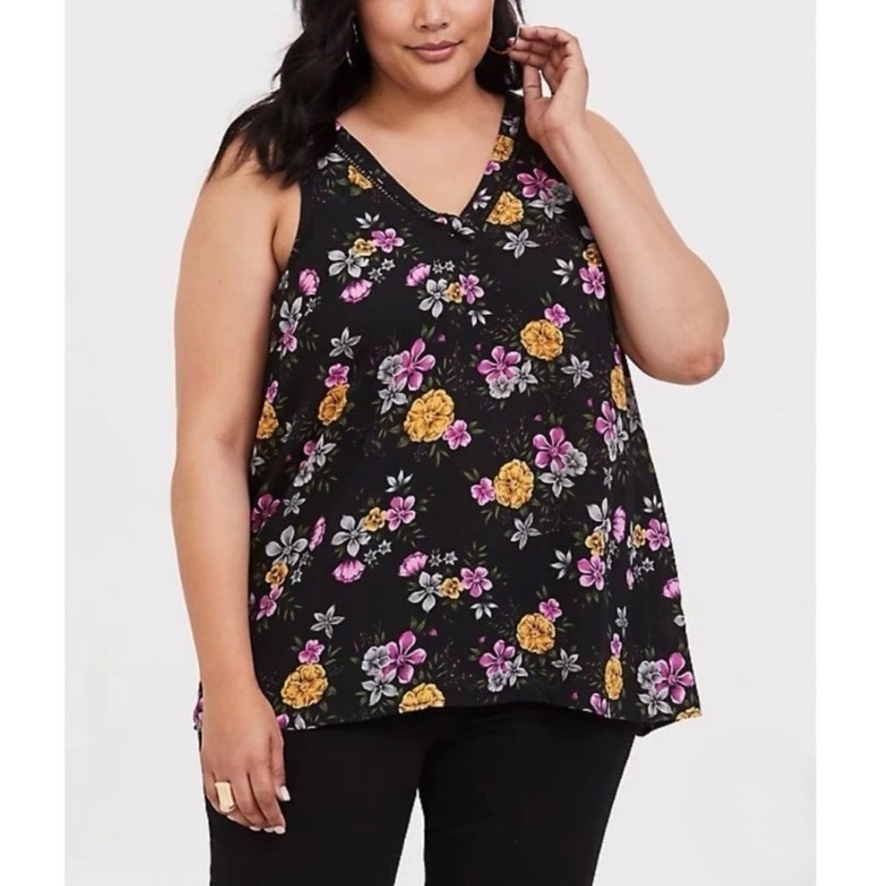 Torrid Black Tank Top with Pink and Yellow Floral Pattern Size 4/4X